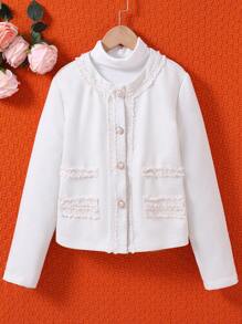 SHEIN Tween Girl 1pc Raw Trimmed Overcoat - White - View 1