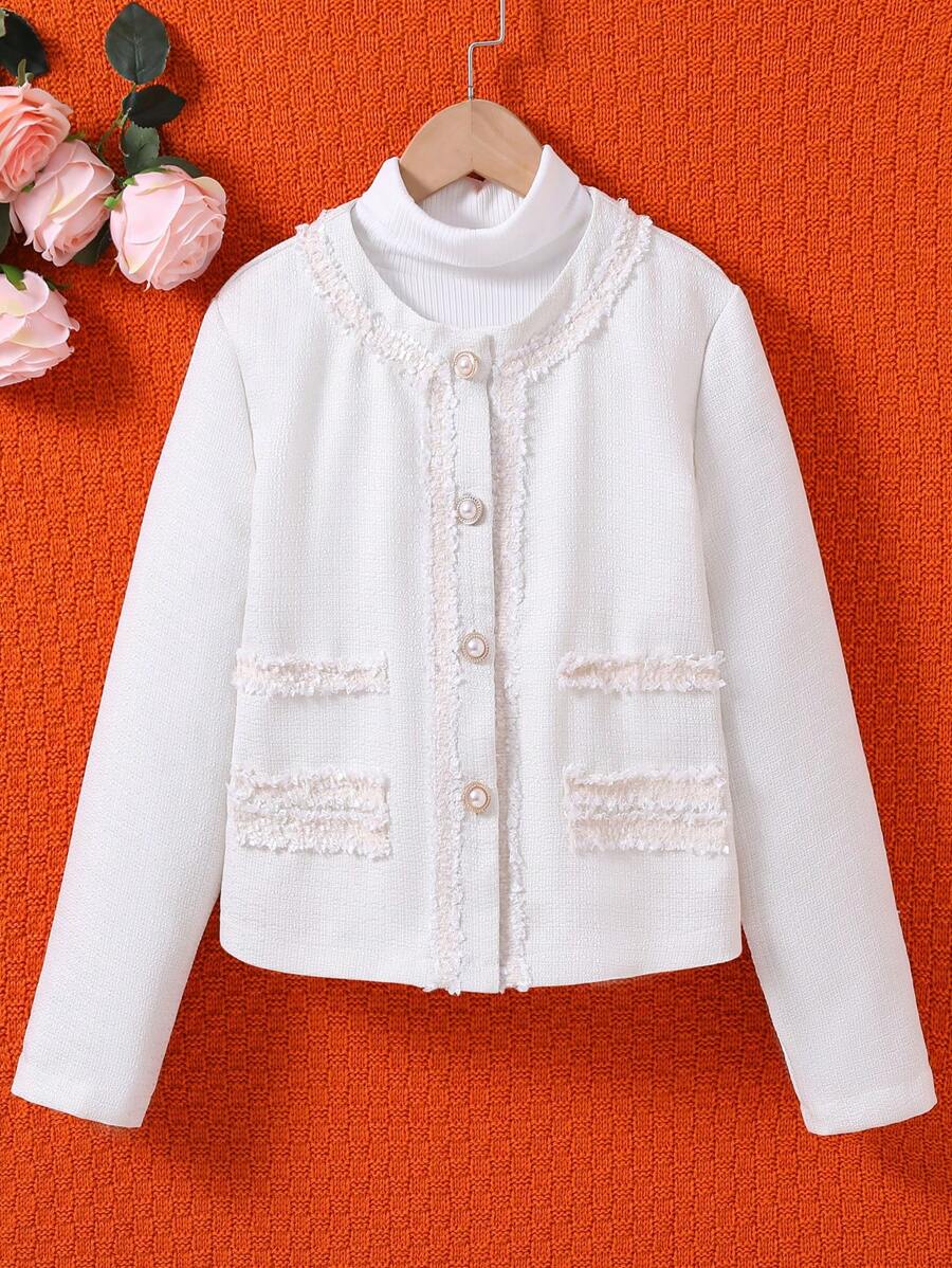 SHEIN Tween Girl 1pc Raw Trimmed Overcoat - White - View 1