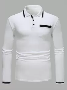 Manfinity Homme Men Contrast Trim Half Button Collar Cotton Color Block White Work Business Casual Golf Polo Shirt, Boyfriend Gift - White - View 5