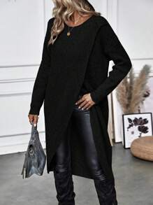 SHEIN Clasi Solid Wrap Hem Drop Shoulder Sweater,Long Sleeve Tops Knit Pullover Fall Winter Sweater - Black - View 6