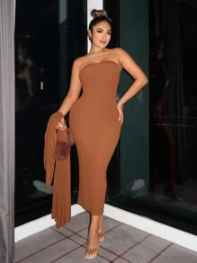 SHEIN SXY 毛茸茸袖口抹胸緊身連衣裙&開門襟外套 - 駝色 - 查看 3