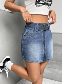 SHEIN EZwear Váy denim có dây kéo - Rửa tối - Xem 3