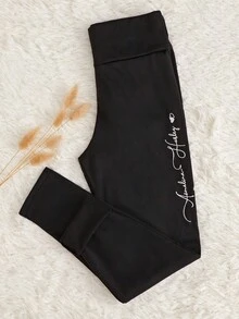 女士保暖字母刺繡保暖褲 - 黑色 - 查看 3