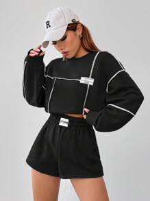 SHEIN EZwear Letter Patched Contrast Piping Drop Shoulder Crop Sweatshirt In Fall/Winter - Black - View 6