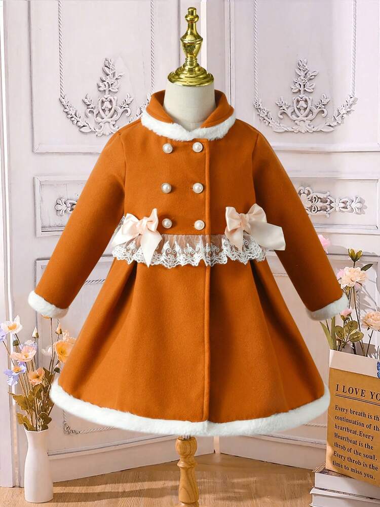Young Girl 1pc Contrast Lace Double Breasted Bow Front Overcoat
