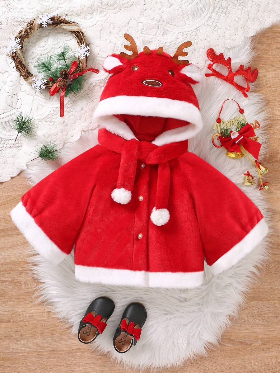 SHEIN Young Girl Antler & Pom Pom Decor 3D Ear Design Hooded Fleece Cape Coat for Christmas - Red - View 1