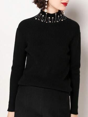Mock Neck Sequin Decor Drop Shoulder Sweater