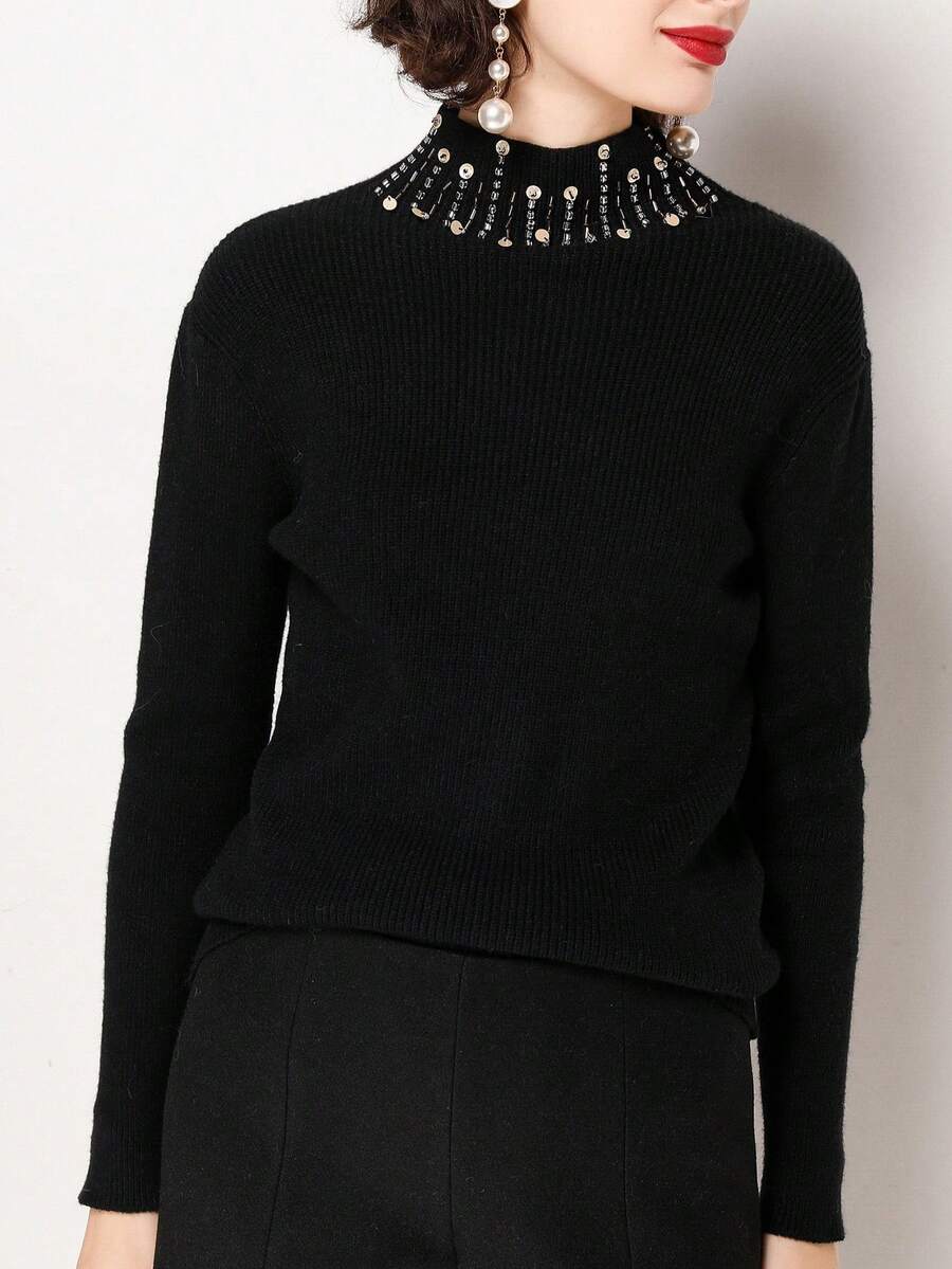 Mock Neck Sequin Decor Drop Shoulder Sweater - Black - View 1