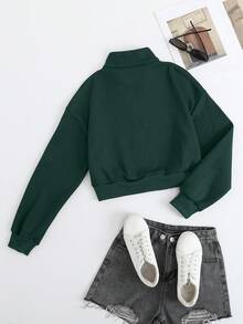 SHEIN EZwear 半拉鏈落肩袖運動衫 - 綠色 - 查看 2