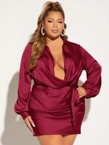SHEIN SXY 大碼垂領燈籠袖腰帶緞面緊身洋裝 - 酒紅色 - 查看 1