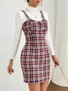 SHEIN Essnce Plaid Print Overall Dress Without Sweater - Burgundy - View 3