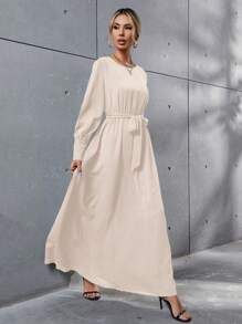 SHEIN LUNE Solid Belted Maxi A-line Dress - Beige - View 5