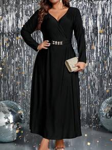 SHEIN Clasi 大碼交疊領繫腰帶洋裝 - 黑色 - 查看 5