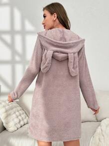 Bata de dormir con diseño de oreja 3D con capucha de franela - Marrón - Ver 2