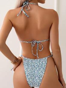 小花圖案領口三角比基尼套裝 - 彩色 - 查看 2