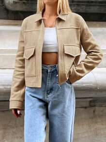 EURMUSE Flap Pocket Drop Shoulder Zip Up Jacket - Beige - View 3