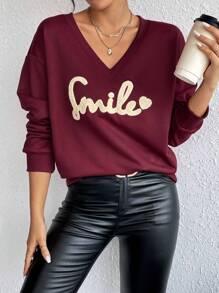 SHEIN Frenchy Letter Embroidery Drop Shoulder Sweatshirt Graduation,Back To School Outfits,Graduation,Teacher Outfits For Women,Back To School - Burgundy - View 1