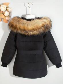 SHEIN Tween Girl 毛绒装饰连帽系带夹棉外套（不含毛衣） - 黑色 - 查看 2