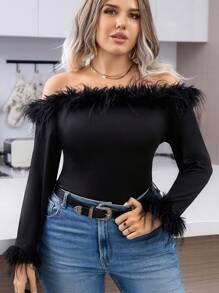 Celure Plus Off Shoulder Fuzzy Trim Bodysuit - Black - View 3