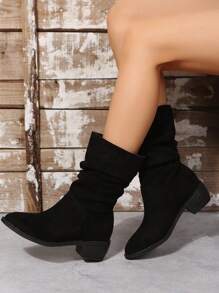 ROMWE Goth Women Faux Suede Slip On Slouchy Boots, Cool Outdoor Fashion Boots - Black - View 3