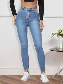 Högmidjade skinny jeans med tvätt - Mediumtvätt - Visa 4