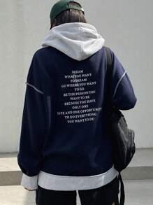 DAZY Slogan Graphic Contrast Trim Drop Shoulder Drawstring Hoodie,Long Sleeve Tops,Fall Women Clothes Sweatshirt - Navy Blue - View 2