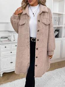 SHEIN Frenchy Drop Shoulder Flap Detail Teddy Coat - Apricot - View 3