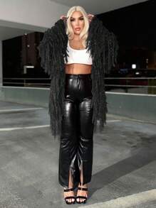 SHEIN SXY 大码流苏边休闲设计开衫 - 黑色 - 查看 3