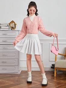 青少年女孩麻花編織落肩袖開襟衫 - 粉色 - 查看 3