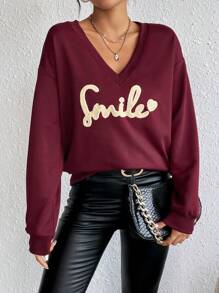 SHEIN Frenchy Letter Embroidery Drop Shoulder Sweatshirt Graduation,Back To School Outfits,Graduation,Teacher Outfits For Women,Back To School - Burgundy - View 4