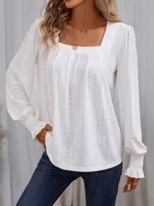 SHEIN VCAY Cổ vuông Schiffy Áo thun - trắng - Xem 4