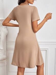 SHEIN Tall Chất rắn Vòng cổ Váy áo thun - Màu Khaki - Xem 2
