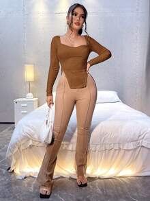 SHEIN SXY Cổ Trái tim Viền không đối xứng Áo thun - màu nâu - Xem 3