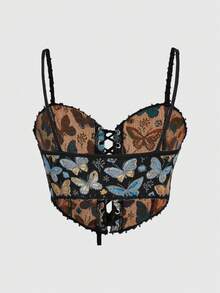 ROMWE Fairycore Butterfly Print Lace Up Front Cami Top - Multicolor - View 2