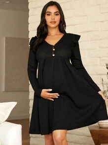 SHEIN 孕婦前紐扣荷葉邊娃娃裙 - 黑色 - 查看 4