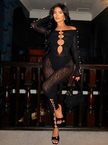 Off Shoulder Cut Out Front Mesh Unitard Jumpsuit - Black - View 1