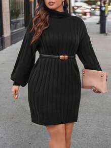 Calvaya 大碼高領落肩袖毛衣洋裝不附腰帶 - 黑色 - 查看 4