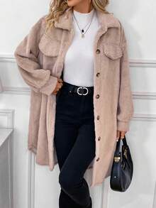 SHEIN Frenchy Drop Shoulder Flap Detail Teddy Coat - Apricot - View 5