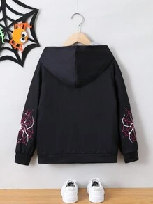 SHEIN Tween Girl 1pc Letter & Figure Graphic Zip Up Hoodie - Black - View 2