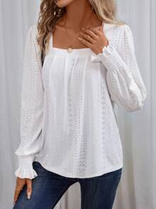 SHEIN VCAY Cổ vuông Schiffy Áo thun - trắng - Xem 3