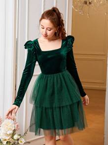 SHEIN Teen Girl Square Neck Ruffle Trim Mesh Overlay Velvet Dress Without Belt for Christmas - Green - View 6