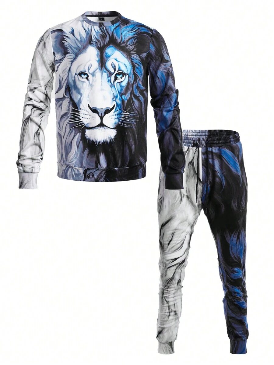 GENTILAND Men Lion Print Sweatshirt & Drawstring Waist Sweatpants - Multicolor - View 1