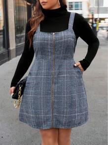 Calvaya Plus Plaid Zip Up Overall Dress Without Sweater - Grey - View 1