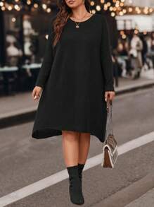 Calvaya Plus Solid Drop Shoulder Sweater Dress Without Belt - Black - View 4