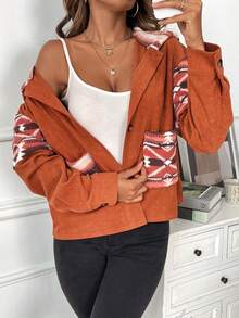 SHEIN Clasi Geo Print Drop Shoulder Hooded Corduroy Jacket - Khaki - View 4