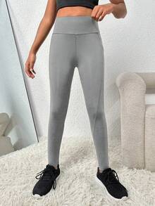 SHEIN Tween Girl Wide Waistband Phone Pocket Side Sports Leggings - Grey - View 6