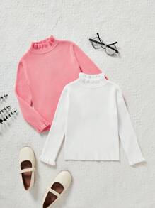 SHEIN 女小童2入組褶邊小高領套頭毛衣 - 彩色 - 查看 1