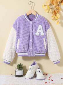 SHEIN Tween Girl Letter Patched Striped Trim Drop Shoulder Varsity Jacket Without Tee - Multicolor - View 7