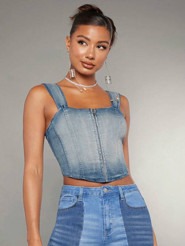 SHEIN BAE 拉鏈開襟吊帶牛仔上衣