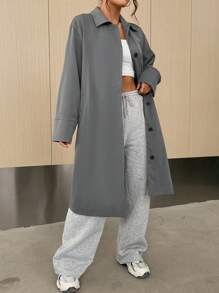 SHEIN EZwear 素色前紐扣落肩袖長款超大襯衫 - 灰色 - 查看 3